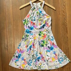 Express keyhole halter fit and flare white floral dress 4